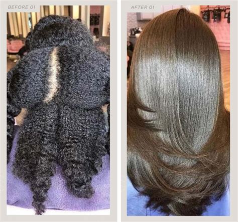 It is a liquid solution that, when applied to the hair and infused with heat, creates a protective protein layer around the hair shaft blocking out humidity and rendering the hair smooth, silky, and free of frizz. Before & After the Brazilian Treatment