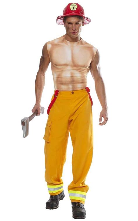Muscle Print Sexy Fireman Costume Mens Fire Fighter Uniform Outfit