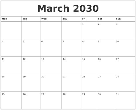 March 2030 Calendar For Printing