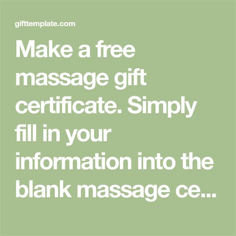 Select any of the templates below to start editing your gift certificate. Make a free massage gift certificate. Simply fill in your information into the blank massage ce ...