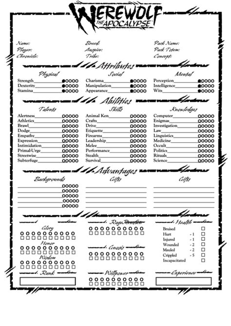 Fillable Werewolf The Apocalypse Character Sheet Printable Pdf Download