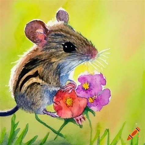 Watercolor Drawing Of A Striped Field Mouse With A Flower On Craiyon