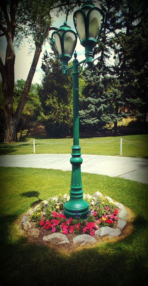 Photography Lamp Post Flowers Rocks Park Outside Green Grass