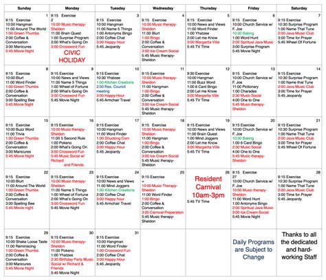 Activity Calendar August 2021 Kiwanis Care Centre