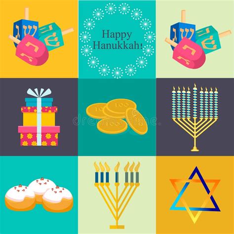Hanukkah Traditional Symbols Jewish Icons Set Vector Stock Vector
