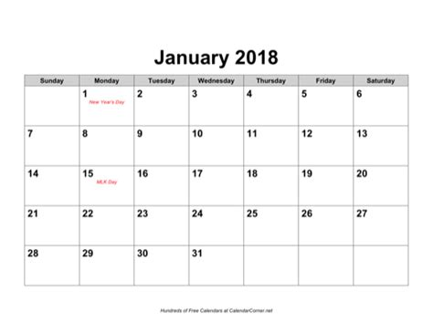 Free 2018 Calendar With Holidays Landscape