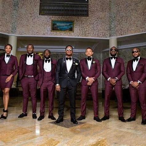 New Men Suits For Groom Wedding Tuxedos Prom Party Burgundy Groomsmen