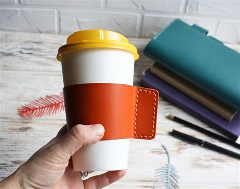 Orange Leather Coffee Cup Sleeve Reusable Leather Cup Cozy Etsy