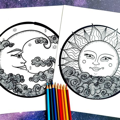 Sun And Moon Coloring Pages Instant Download Print At Home Sun And
