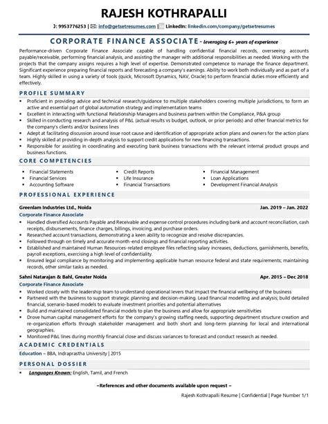 Corporate Finance Associate Resume Examples Template With Job