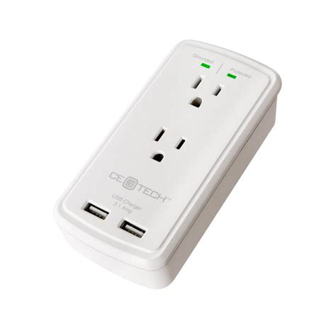 Ce Tech 2 Outlet Usb Wall Tap Surge Protector White