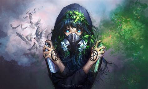 Wallpaper Anime Girl Riot Hoodie Mask Anonymous Paint