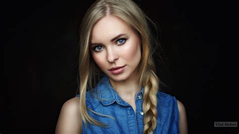 Simple Background Women Blonde Blue Eyes Victoria Pichkurova Face Vlad Mohov Black