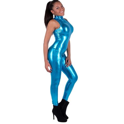 Lzcmsoft Womens Turquoise Wet Look Sleeveless Turtle Neck Catsuits Shiny Metallic Dancewear