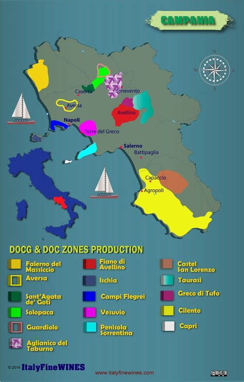 Mapa de carreteras, autopistas y secundarias, de la región italiana con las principales localidades, ciudades y pueblos. Campania wine region -italy with details of doc and docg ...