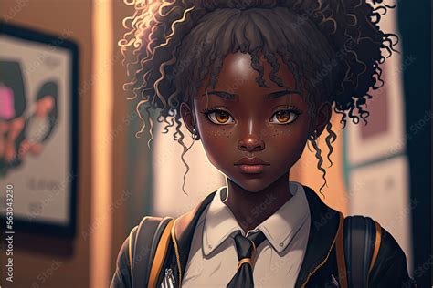 Illustration Of A Black African American Anime Schoolgirl In Uniform