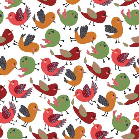 Vintage Cute Birds Vector Seamless Pattern With Colorful Vector Birds