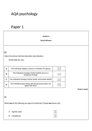 Aqa Psychology A Level Paper 1 Mock Teaching Resources