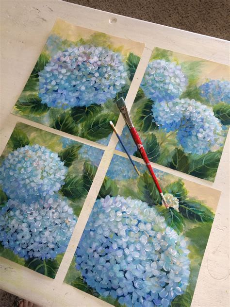 Four Hydrangea Paintings Acrylic On Paper By Laura Kirste Campbell