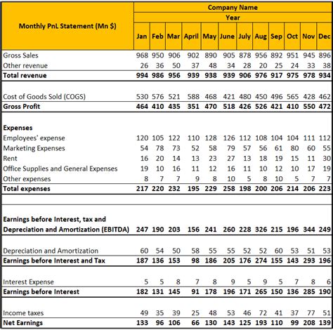 Profit And Loss Statement Template Annual And Monthly Pandl