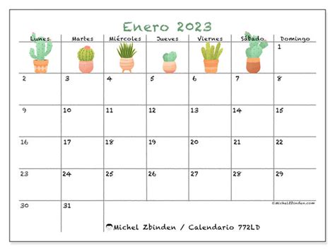 Calendario Enero 2023 Cactus Ld Michel Zbinden Pe