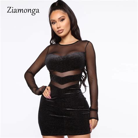 Ziamonga Long Sleeve Mesh Dress See Through Patchwork Bodycon Sexy Night Club Dress 2020 Women O