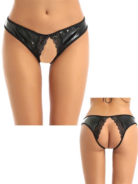 Women Open Crotch Butt Hole Sissy Panties Leather Crotch Less Lingerie