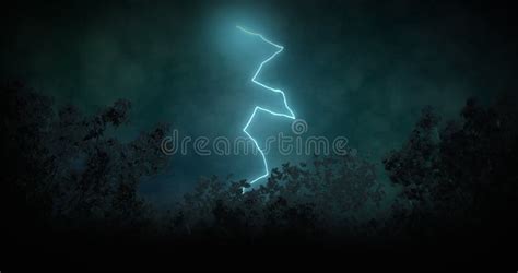 Image Of Lightning Striking Over Trees And Stormy Clouded Sky Stock