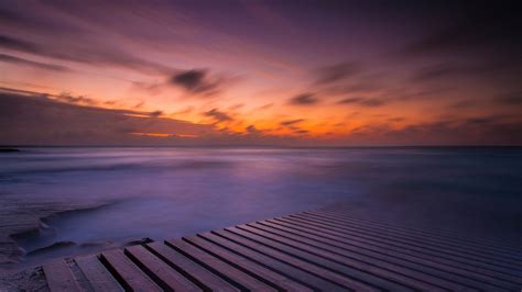 Nature Landscape Water Sea Sunset Clouds Wooden Surface Pier