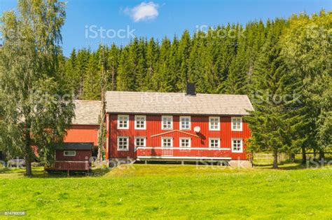 Wooden Red House In The Norwegian Mountains Stock Photo Download
