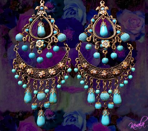 Large Exotic Boho Gypsy Chandelier Earrings Turquoise By Kerala