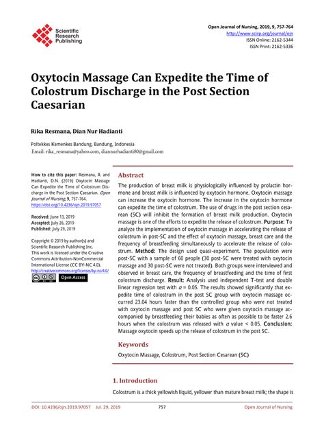 Pdf Oxytocin Massage Can Expedite The Time Of Colostrum Discharge In The Post Section Caesarian