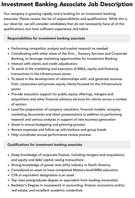 Investment Banking Associate Job Description Velvet Jobs