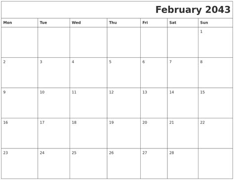 February 2043 Download Calendar