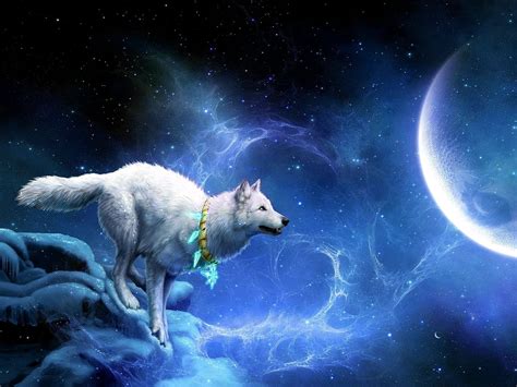 1024x768 Resolution White Wolf Running Outside Planet Near Moon Hd