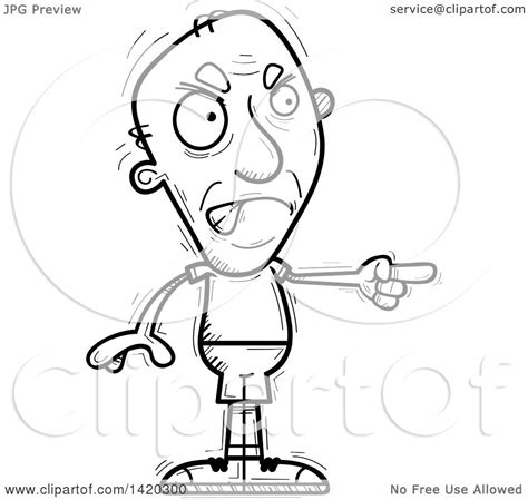 Clipart Of A Cartoon Black And White Lineart Doodled Angry Senior Man