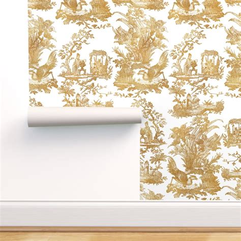 Removable Water Activated Wallpaper Toile Chinoiserie Asian Gold White