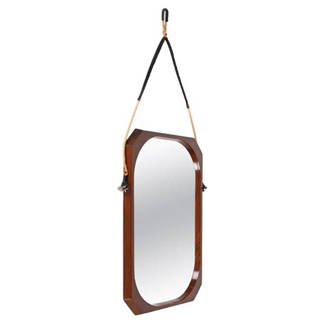 Midcentury Oval Teak Nylon Rope And Leather Italian Wall Framed Mirror 1960s At 1stdibs
