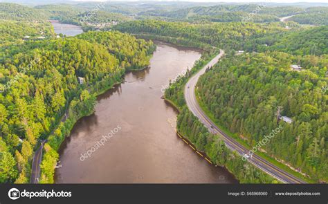 Aerial View Gatineau River Village Wakefield Canada Clouds Reflecting