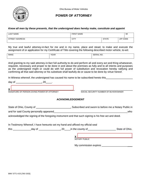 Free Ohio Motor Vehicle Power Of Attorney Form Bmv 3771 Pdf Eforms