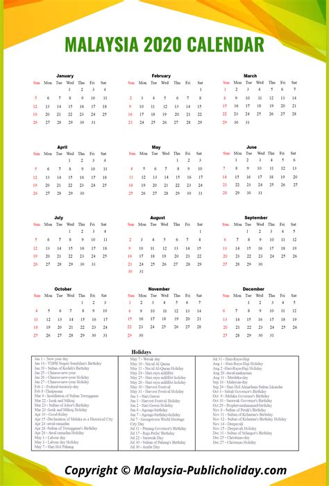 Printable Malaysia 2020 Calendar