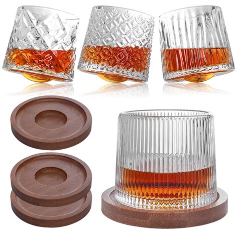 Buy Spinning Old Fashioned Whiskey Glasses With Wood Coasters 10 Oz Rocks Barware For Scotch
