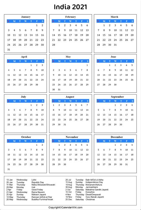 Printable India Calendar 2021 With Holidays Public Holidays