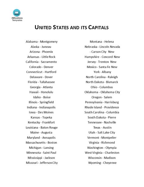 Libreng Usa States And Capitals List