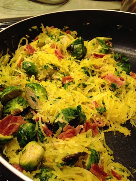 Baked Spaghetti Squash With Roasted Brussel Sprouts Bacon Parsley