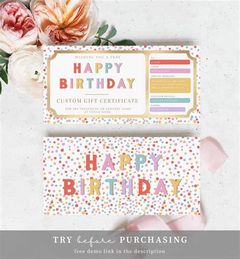 Happy Birthday Custom T Voucher Template Printable Etsy Australia