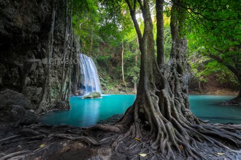 Jungle Landscape With Erawan Waterfall Kanchanaburi Thailand Stock