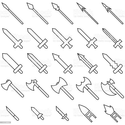 Vector Set Of 25 Outline Weapon Icons Isolated On White Background