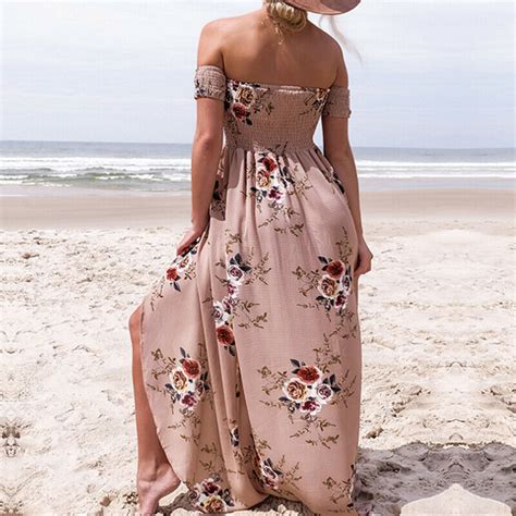 Women Summer Boho Floral Print Maxi Dress Beach Holiday Off Shoulder