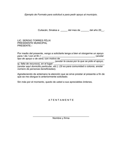 Ejemplo De Formato Para Solicitud A Para Pedir Apoyo Al Municipio